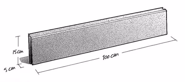 Tekening van opsluitband met maten 5x15 cm en lengte 100 cm