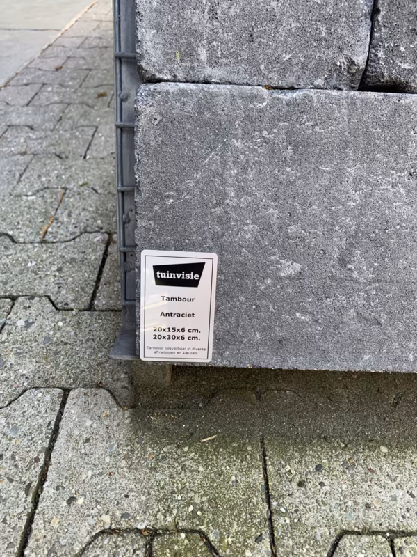 Pallet Tambour Antraciet stenen met Tuinvisie label met maten 20x15x6 en 20x30x6 cm