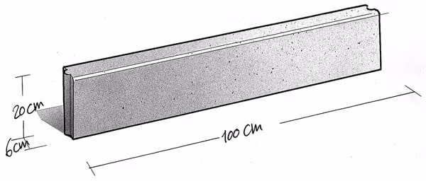 Tekening van opsluitband met maten 6x20 cm en lengte 100 cm