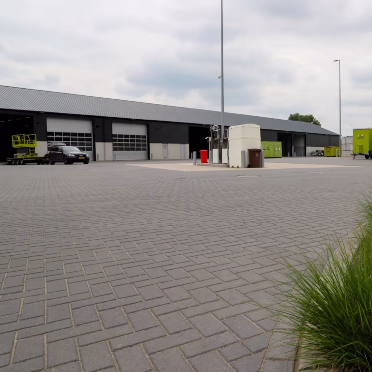 Bedrijfsterrein met BSS betonklinkers 8 cm voor loods met rolpoorten