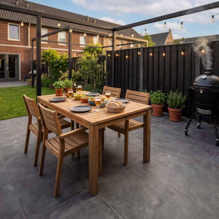 Tuinterras met GeoCeramica Uros Plus Tar tegels, houten eettafel, pergola en barbecue