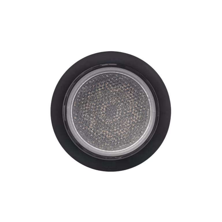 Ronde zwarte In-lite Hyve 12V inbouwspot met matte lens, bovenaanzicht op witte achtergrond