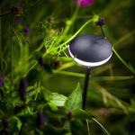 Close-up van zwarte tuinlamp met platte kop tussen groene bladeren en paarse bloemen