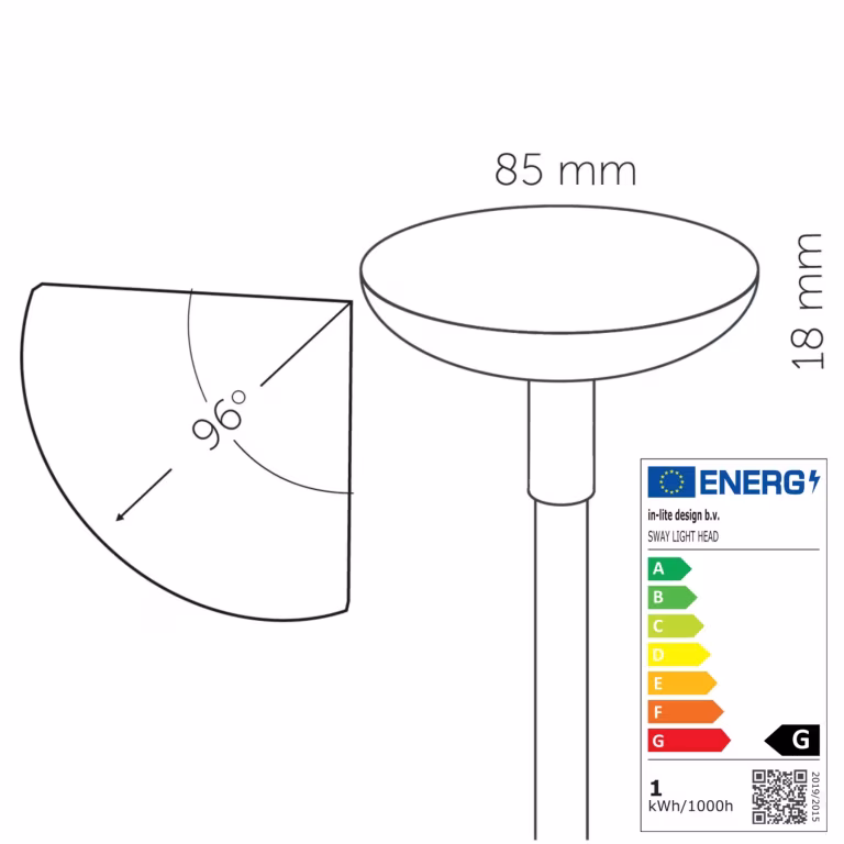 Maattekening van tuinlampkop met 85 mm diameter, 18 mm hoogte en energielabel G