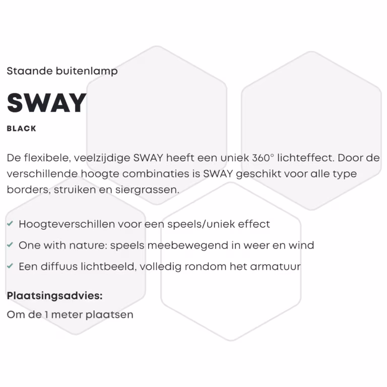 Tekstafbeelding Sway staande buitenlamp met 360 graden lichteffect, voordelen en plaatsingsadvies