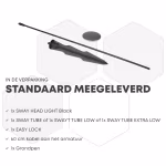 Pakketinhoud tuinlamp met lampkop, steel en grondpen, tekst Standaard meegeleverd met opsomming onderdelen