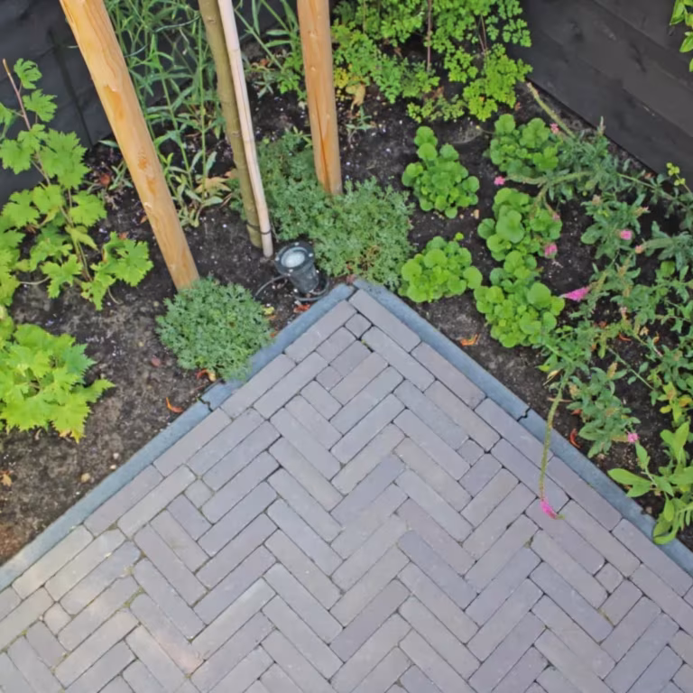 Hoek van Tambour Mangaan waalformaat in visgraat met opsluitband naast border en tuinspot