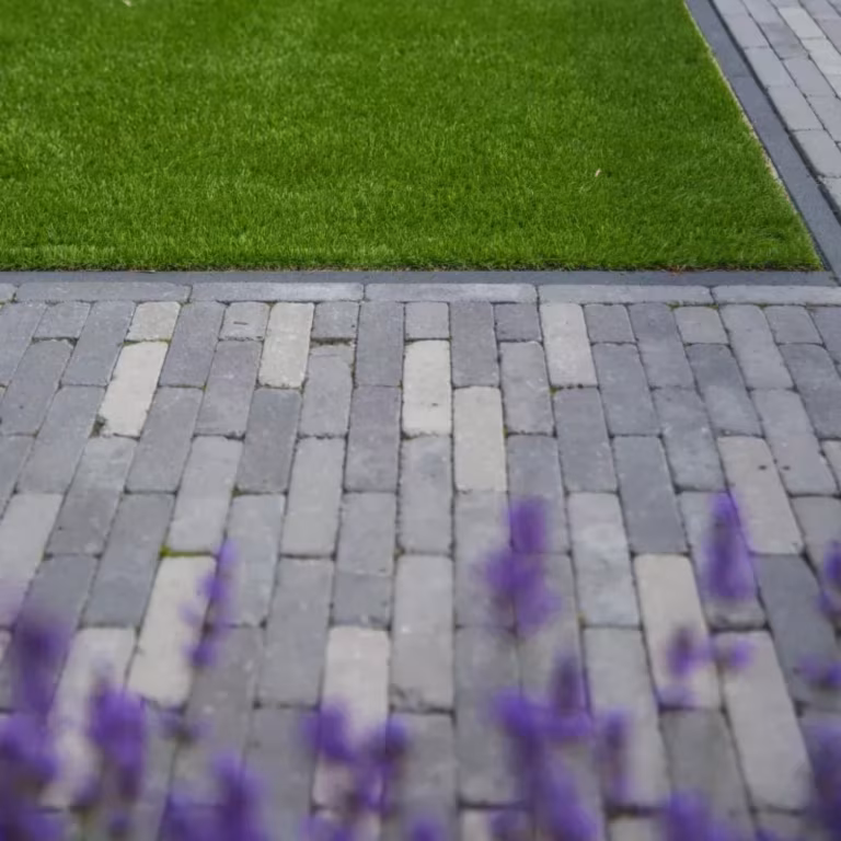 Close-up van Tambour Smook klinkers in strak verband met gras en paarse lavendel