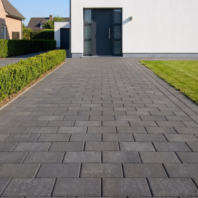 Oprit van antraciet betonklinkers 8 cm naar moderne witte woning met haag en gazon
