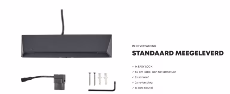 Standaard meegeleverd bij Wedge Slim: Easy Lock, kabel, schroeven, pluggen en Torx sleutel
