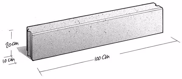 Tekening van opsluitband met maten 10x20 cm en lengte 100 cm