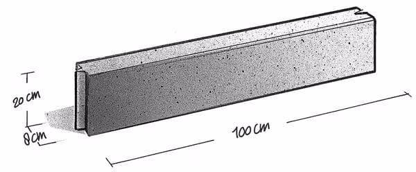 Tekening van opsluitband met maten 8x20 cm en lengte 100 cm