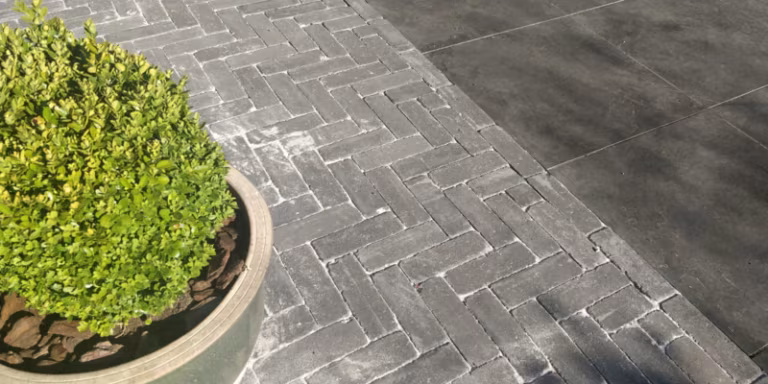 Tambour Antraciet in visgraatverband naast grote tegels, met buxus in schaal