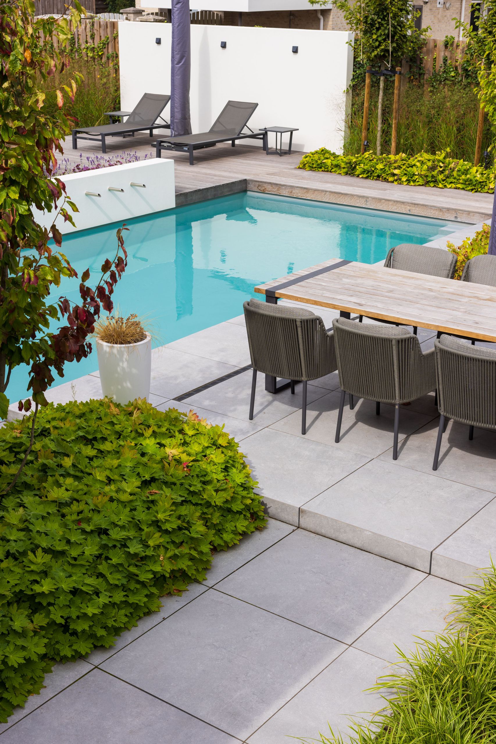 Moderne geoceramica tuin met zwembad