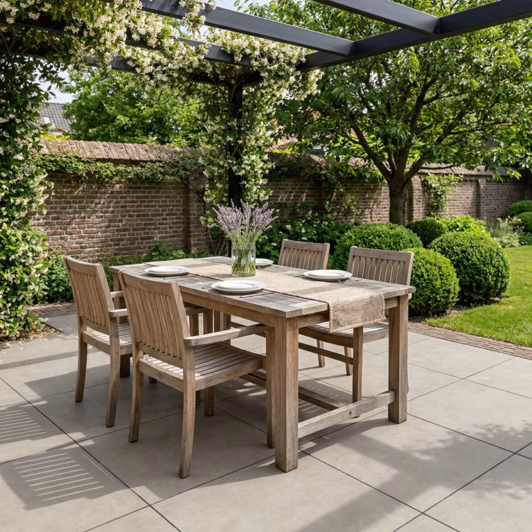 Houten eettafel met stoelen op Cerasun Pisa Sabbia terras onder pergola met klimplant