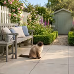 Siamese kat zit op Cerasun Pisa Sabbia terras bij tuinbank, bloeiende tuin en tuinhuisje