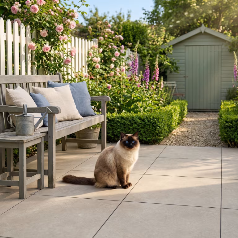 Siamese kat zit op Cerasun Pisa Sabbia terras bij tuinbank, bloeiende tuin en tuinhuisje