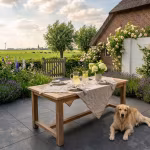 Terras met Cerasun Siena tegels, houten tafel, gouden retriever en rozen bij boerderij