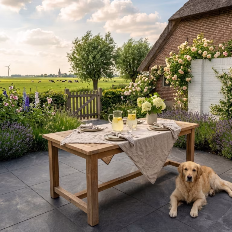 Terras met Cerasun Siena tegels, houten tafel, gouden retriever en rozen bij boerderij