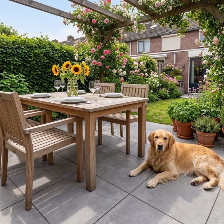 Houten eettafel met stoelen, zonnebloemen en golden retriever op grijs terras onder pergola