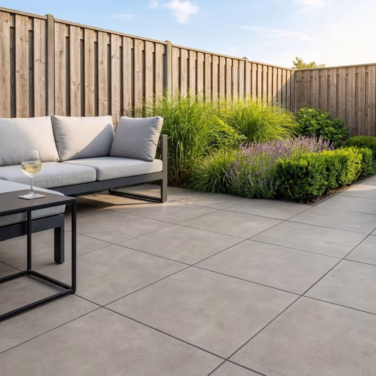 Tuin met Cilento Taupe terras, loungebank met kussens, border met siergras en houten schutting