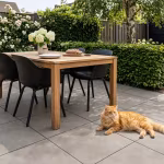Houten eettafel met zwarte stoelen en oranje kat op Cilento Taupe tegels naast haag