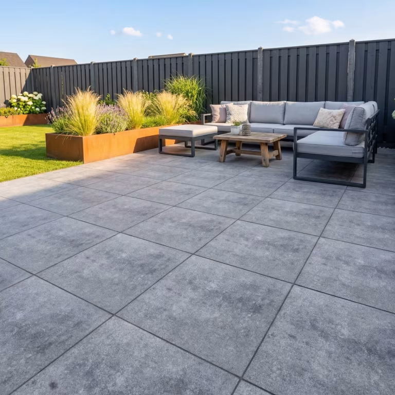Terras met Smartton SE Matterhorn tegels, loungeset, cortenstalen plantenbak en antracieten schutting