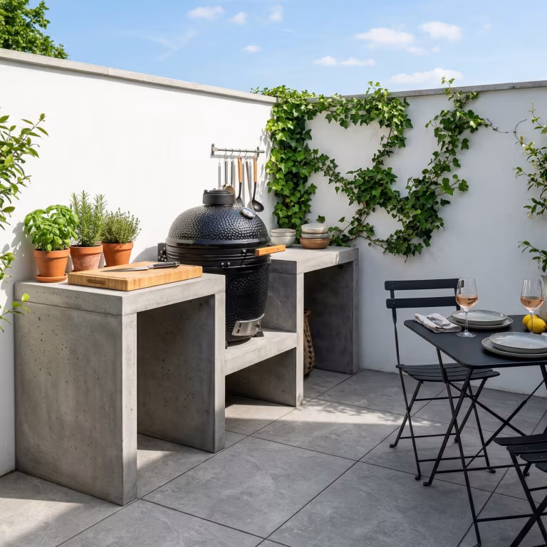 Buitenkeuken met kamado en bistrotafel op Kera Full Body Bari terras voor witte muur