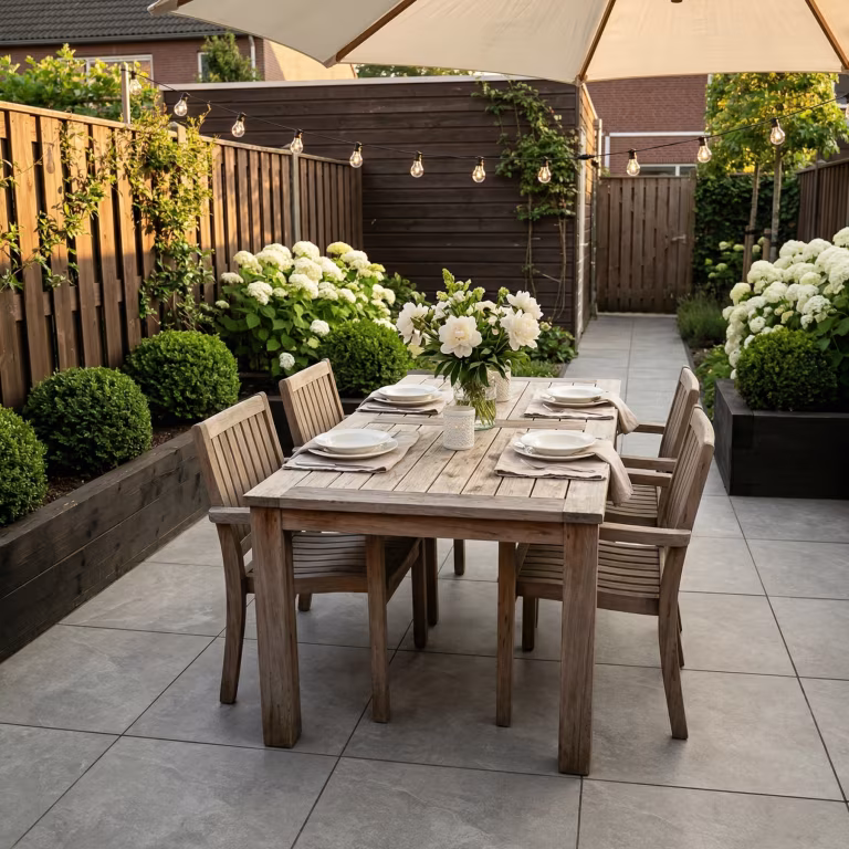 Gedekte houten tafel met stoelen op smal terras van Kera Full Body Bari tegels