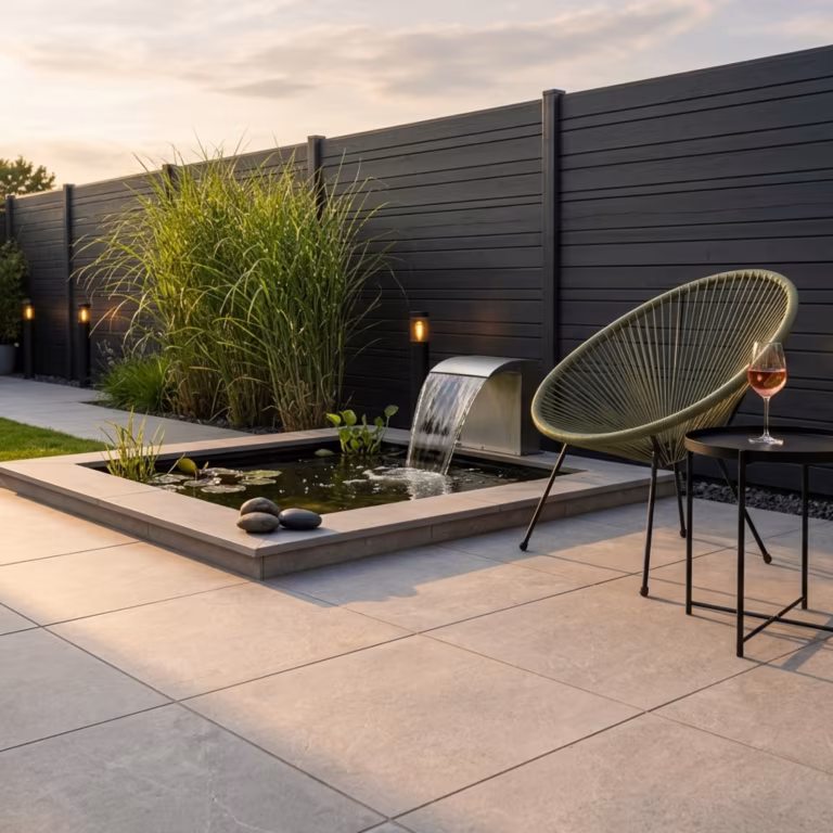 Terras met Kera Full Body Rome tegels, vijver met waterval, designstoel en zwarte schutting