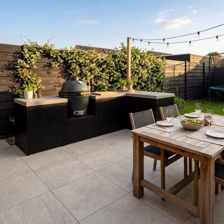 Buitenkeuken en houten eettafel op terras met Kera Full Body Rome tegels 60x60x3