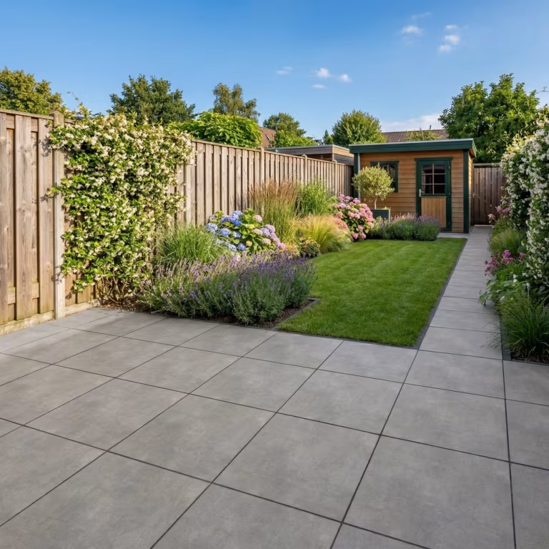 Tuin met Kera Full Body Turijn tegels, gazon, haag, borders en tuinhuisje