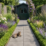 Tuinpad van Kera Full Body Turijn tegels met poes, lavendel en groen tuinhuisje