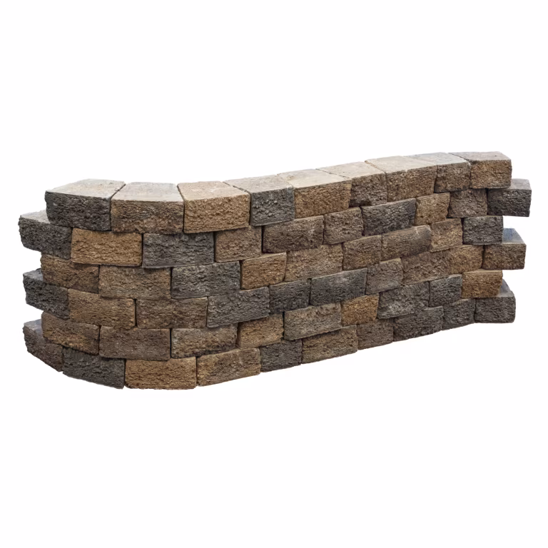 Gebogen muurdeel van Pilestone Walnut 23/17x21,5x10 cm in bruine en grijze tinten op witte achtergrond