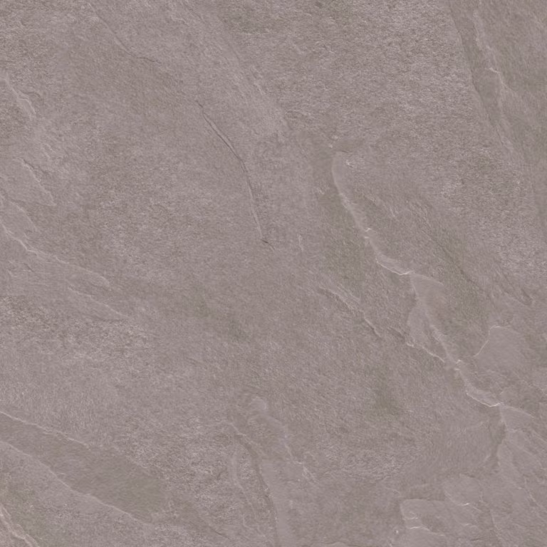 Close-up structuur van GeoCeramica 75x75 Aura Ash tegel met leisteenachtige aders in taupe