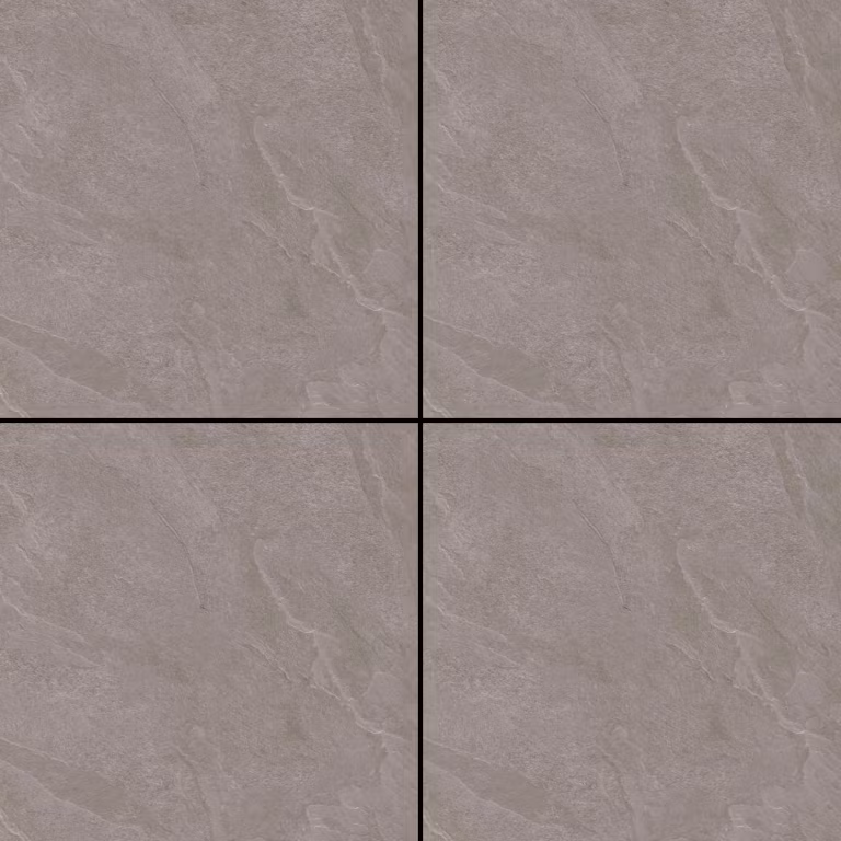 Vier taupegrijze GeoCeramica 75x75 Aura Ash tegels met zwarte voegen in close-up