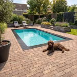 Zwembad met zwarte rand en krullende bruine hond op terras van WG Stone Trommelsteen bruin