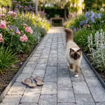 Tuinpad van grijze WG Stone Trommelsteen 20x30x6 met bloemenborders, kat en slippers