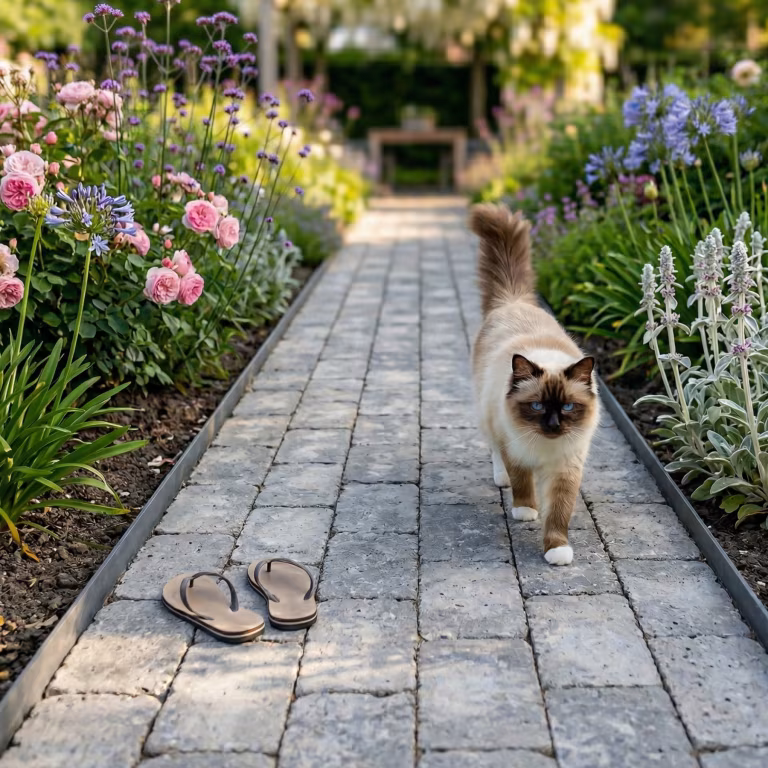 Tuinpad van grijze WG Stone Trommelsteen 20x30x6 met bloemenborders, kat en slippers