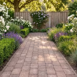 Tuinpad van bruine WG Stone Trommelsteen tussen buxus, lavendel en witte rozen