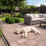 Terras met bruine WG Stone Trommelsteen 20x30x6, loungebank en slapende doodle hond