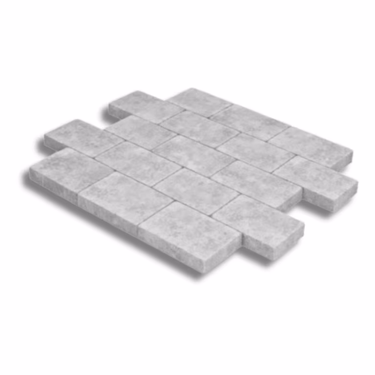 Verlegpatroon van grijze WG Stone Trommelsteen 20x30x6 op witte achtergrond