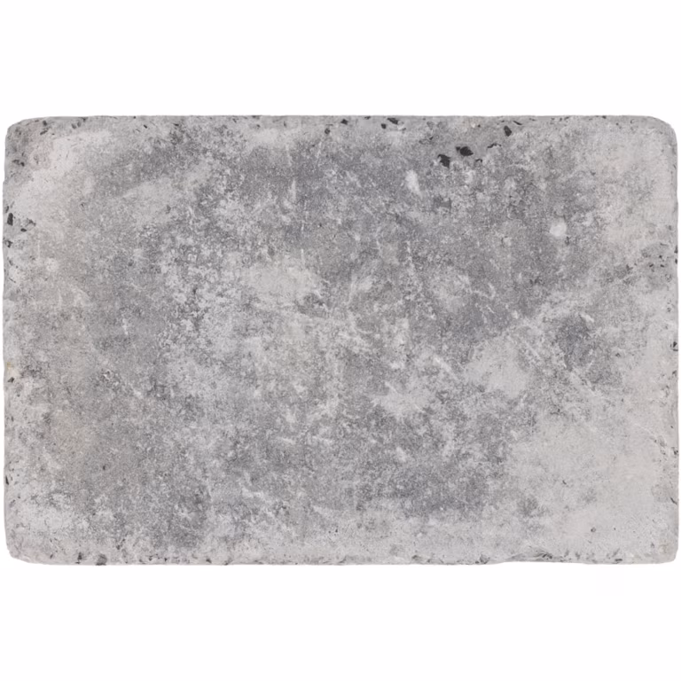 Bovenaanzicht van grijze WG Stone Trommelsteen 20x30x6 met lichte en donkere vlekken