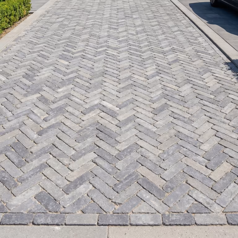 Oprit met WG Stone Trommelsteen 20x5x7 Grijs in visgraatverband en rechte afboording