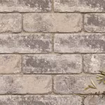 Gelegde WG Stone Trommelsteen Taupe 21x7x8 close-up met brede voegen en olijfblaadjes