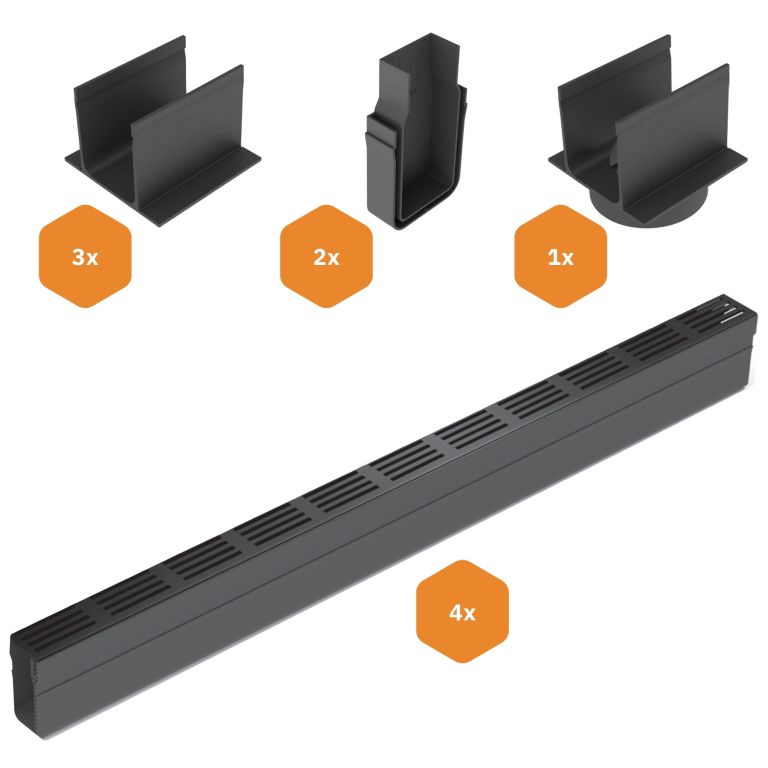 ACO Slimline Starterspakket Zwart 4 meter - Onderuitloop
